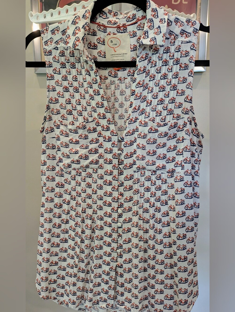 $23 Anthropologie Conversations Size XS Bicycle Novelty Pleated Button Down Top